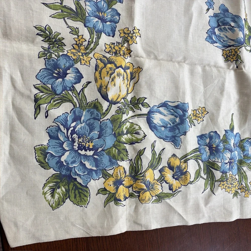 NOS Vintage Waverly Linen Tablecloth Hand Printed Blue Yellow Floral 52x52 USA
